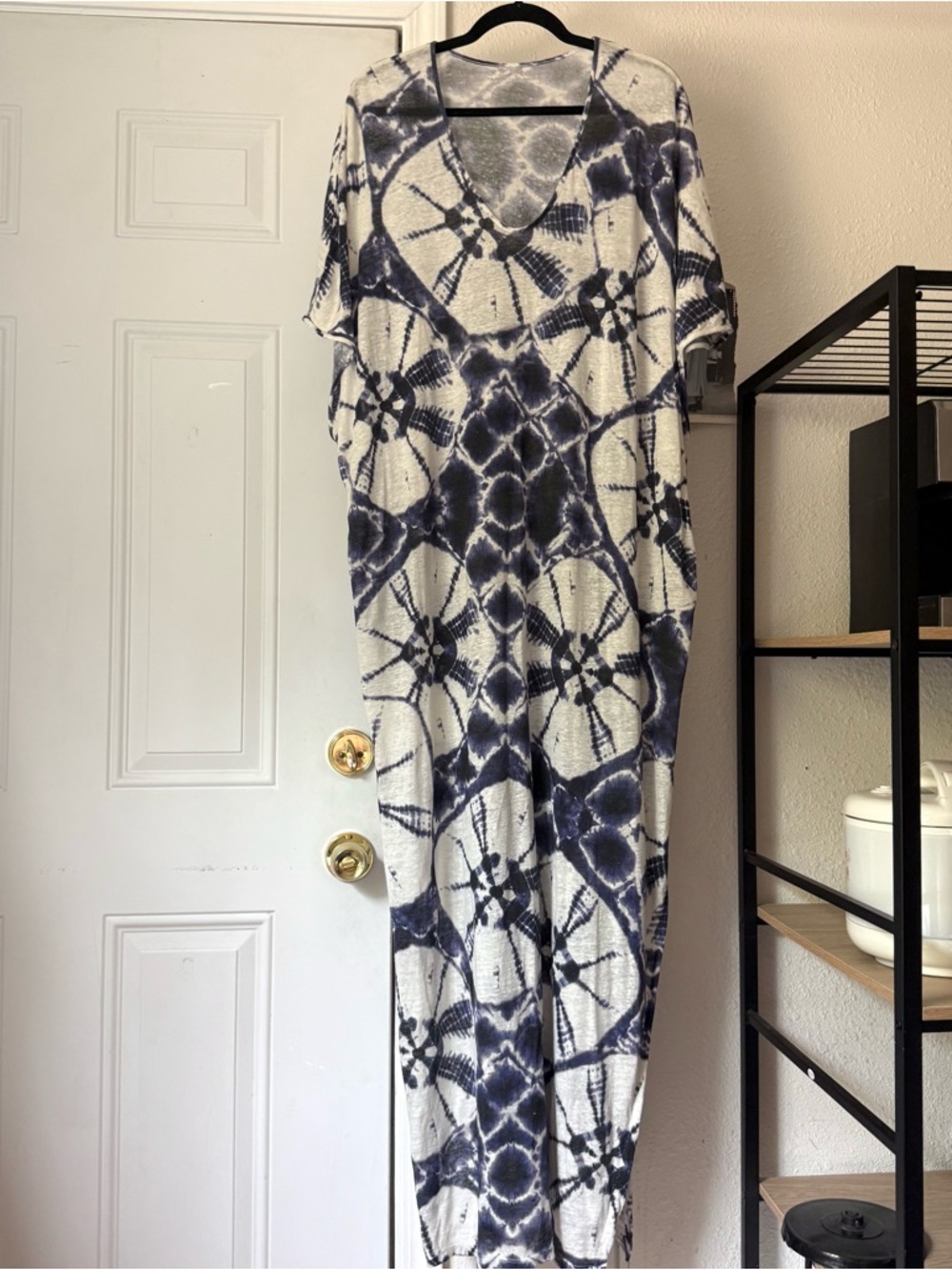 MAJESTIC‎ FILATURES Navy white tie dye linen stretchy tee t-shirt maxi dress